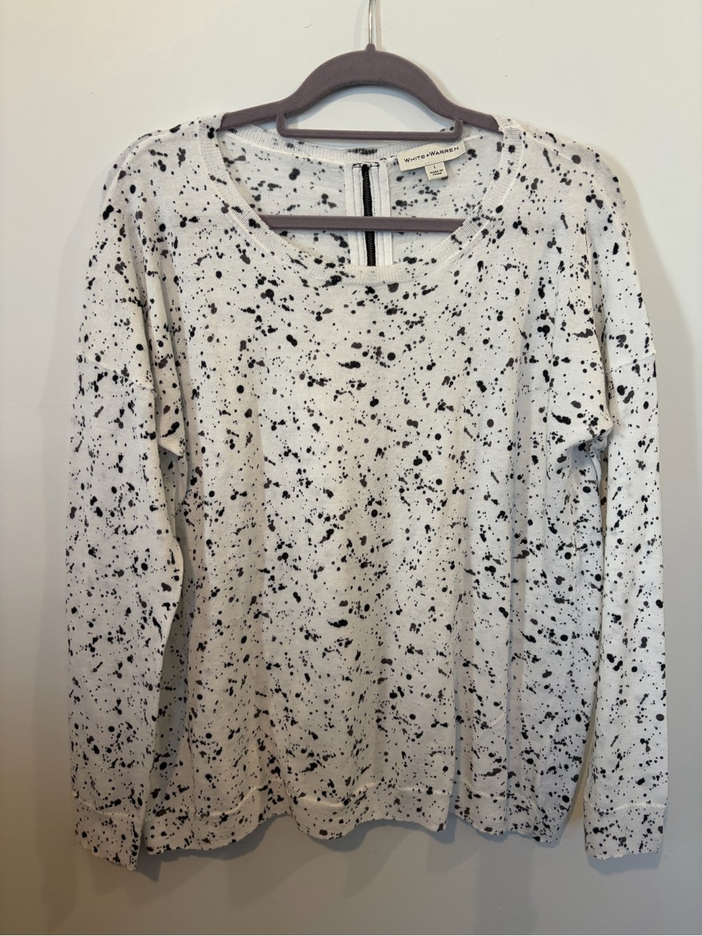 White + Warren White & Black Speckled Long Sleeve Top w/ back zipper detail - L